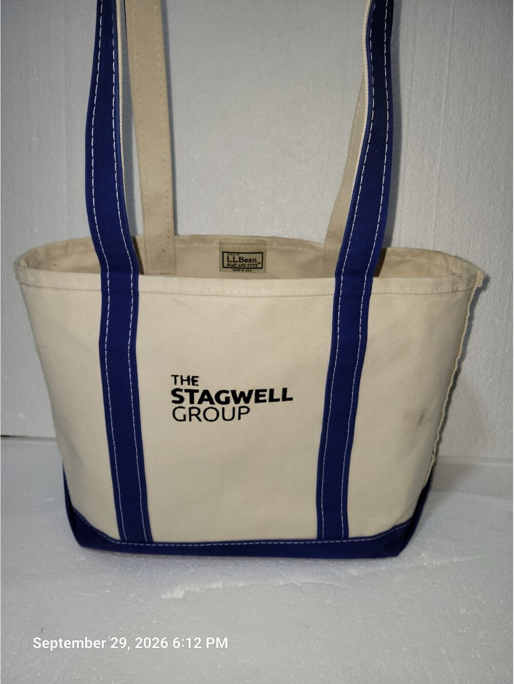 Vintage LL Bean Boat & Tote Bag Canvas Natural with Blue Trim 80s?